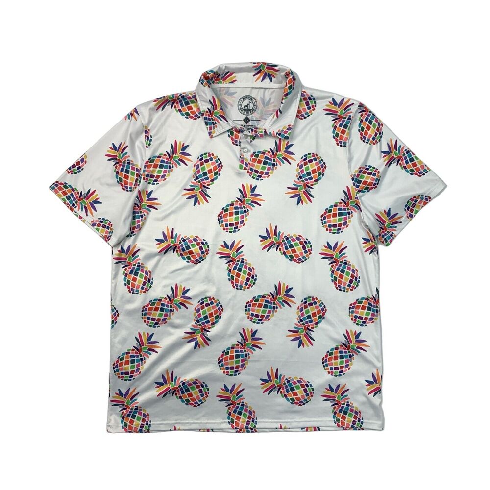 Proud 90 Polo Shirt Men 2X White Rainbow Pineapple Moisture Wicking Stretch Golf